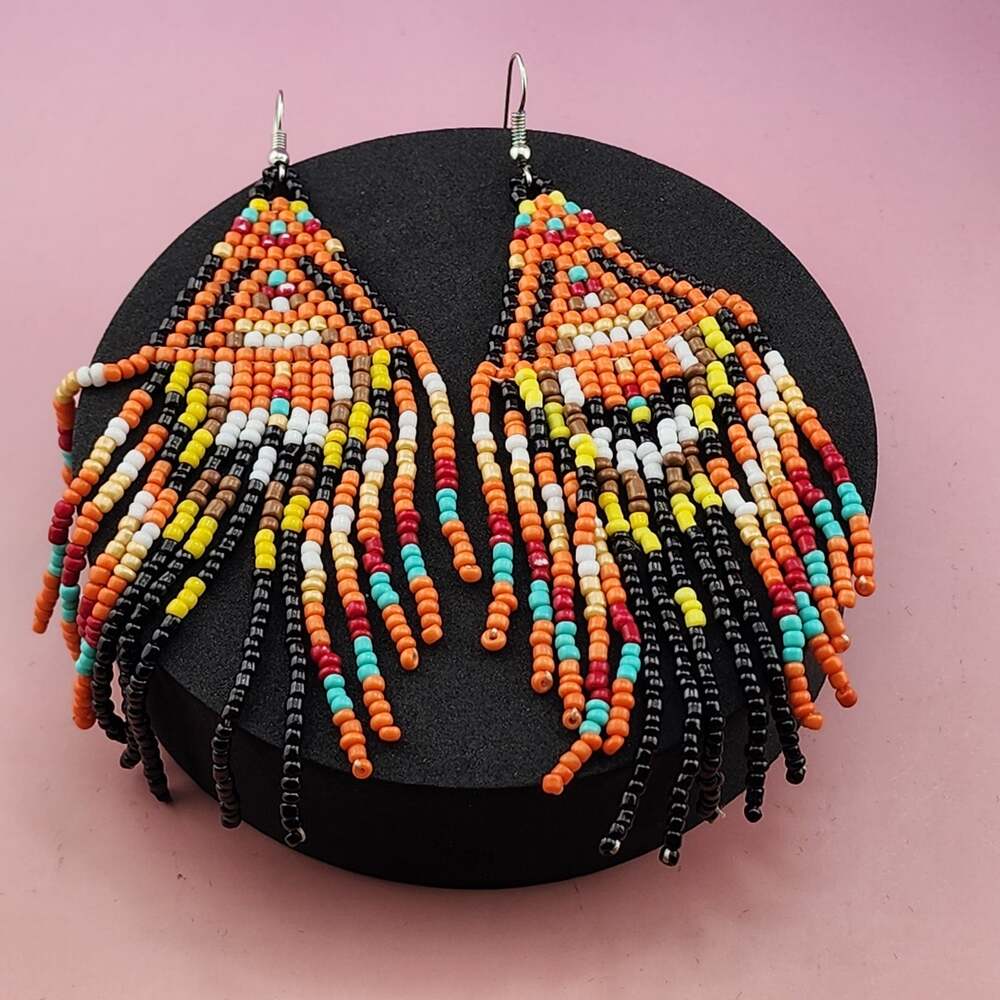 Vintage 90s Orange Multicolor Seed Bead Fringe Earrings Boho Statement Drops